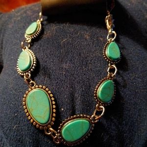 Faux Turquoise Bracelet SilverTone Edge Beading Adjustable Chain Length